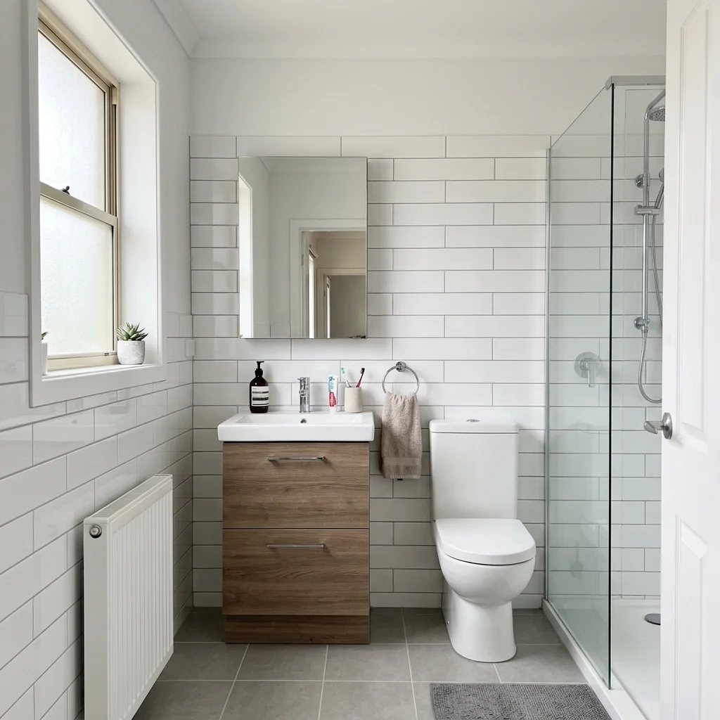 Renovated bathroom with large-format wall tiles