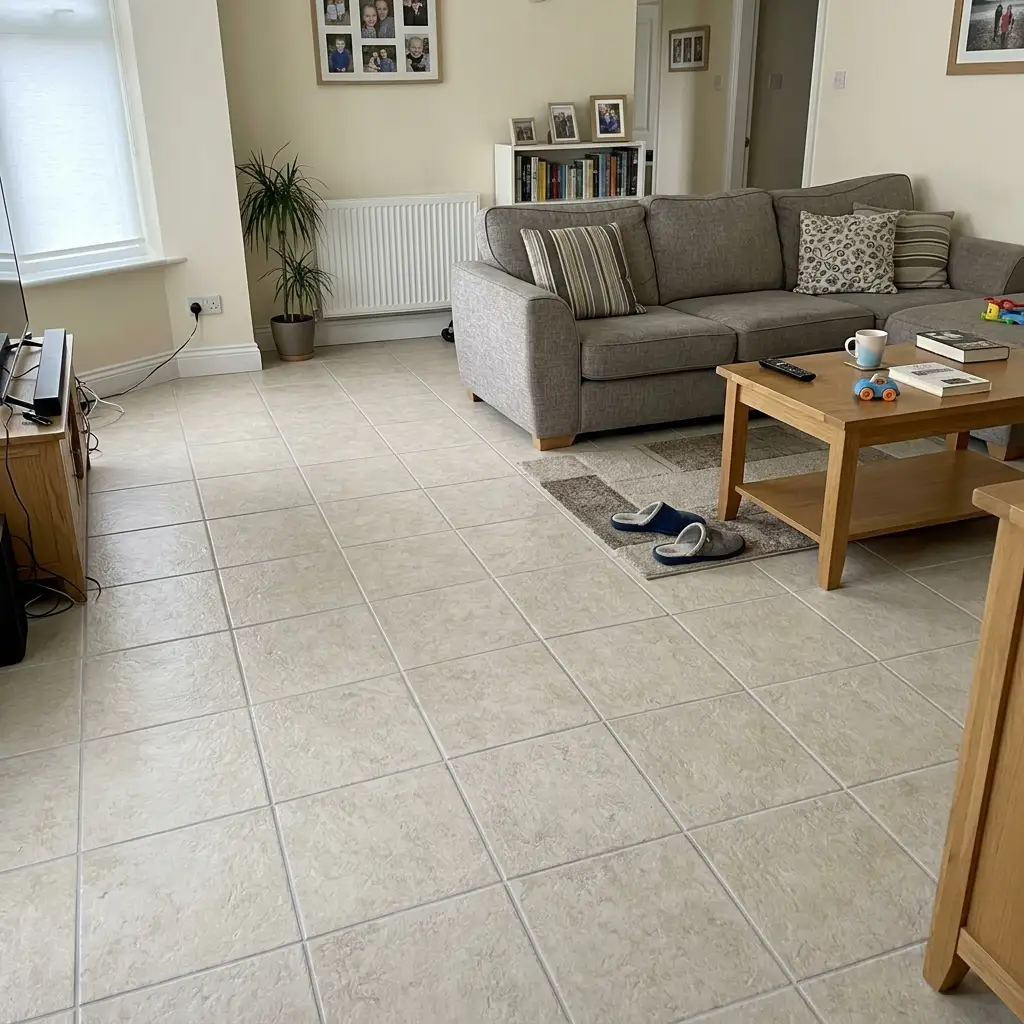 Large-format floor tiles in an open living space